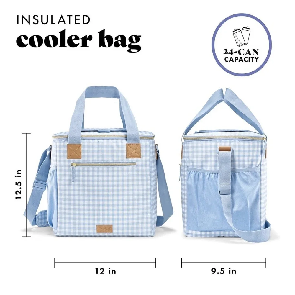 24-Can Soft Cooler Bag Insulated Leak-Resistant Portable Soft Blue Gingham